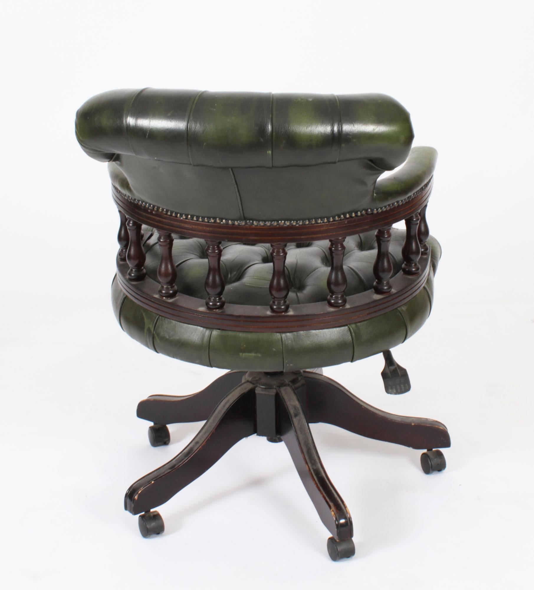 Vintage English Leather Captains Desk Swivel Chair Green 20th Century For Sale 8