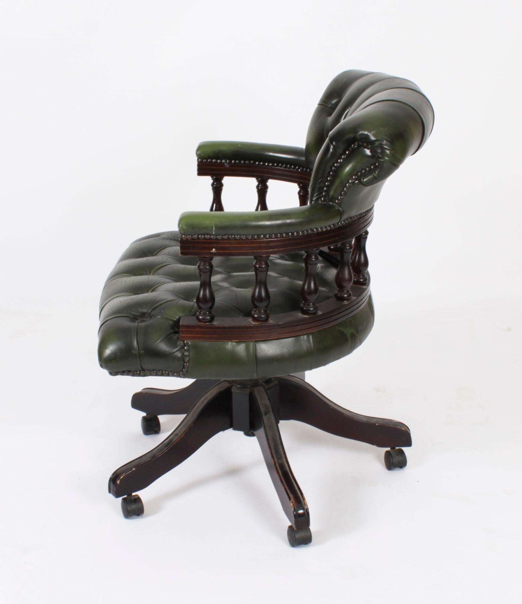 Vintage English Leather Captains Desk Swivel Chair Green 20th Century For Sale 9