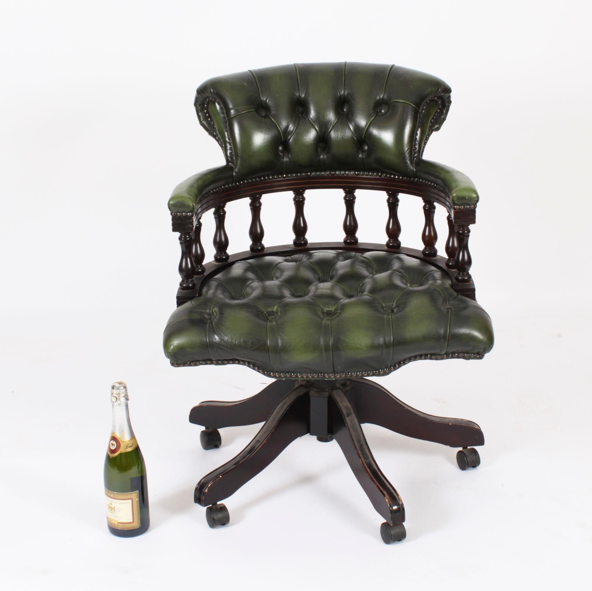 Vintage English Leather Captains Desk Swivel Chair Green 20th Century For Sale 10