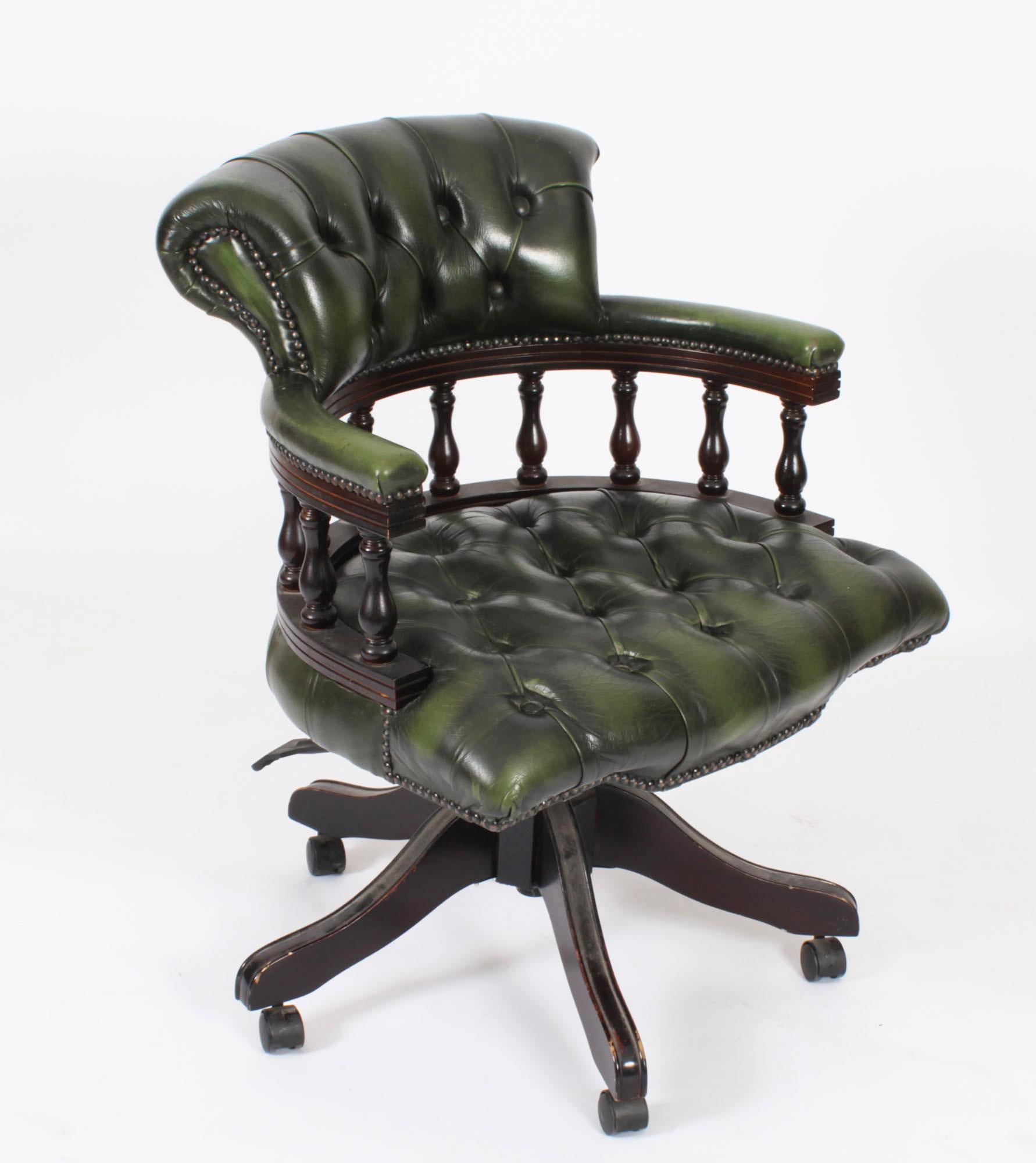 Vintage English Leather Captains Desk Swivel Chair Green 20th Century For Sale 11