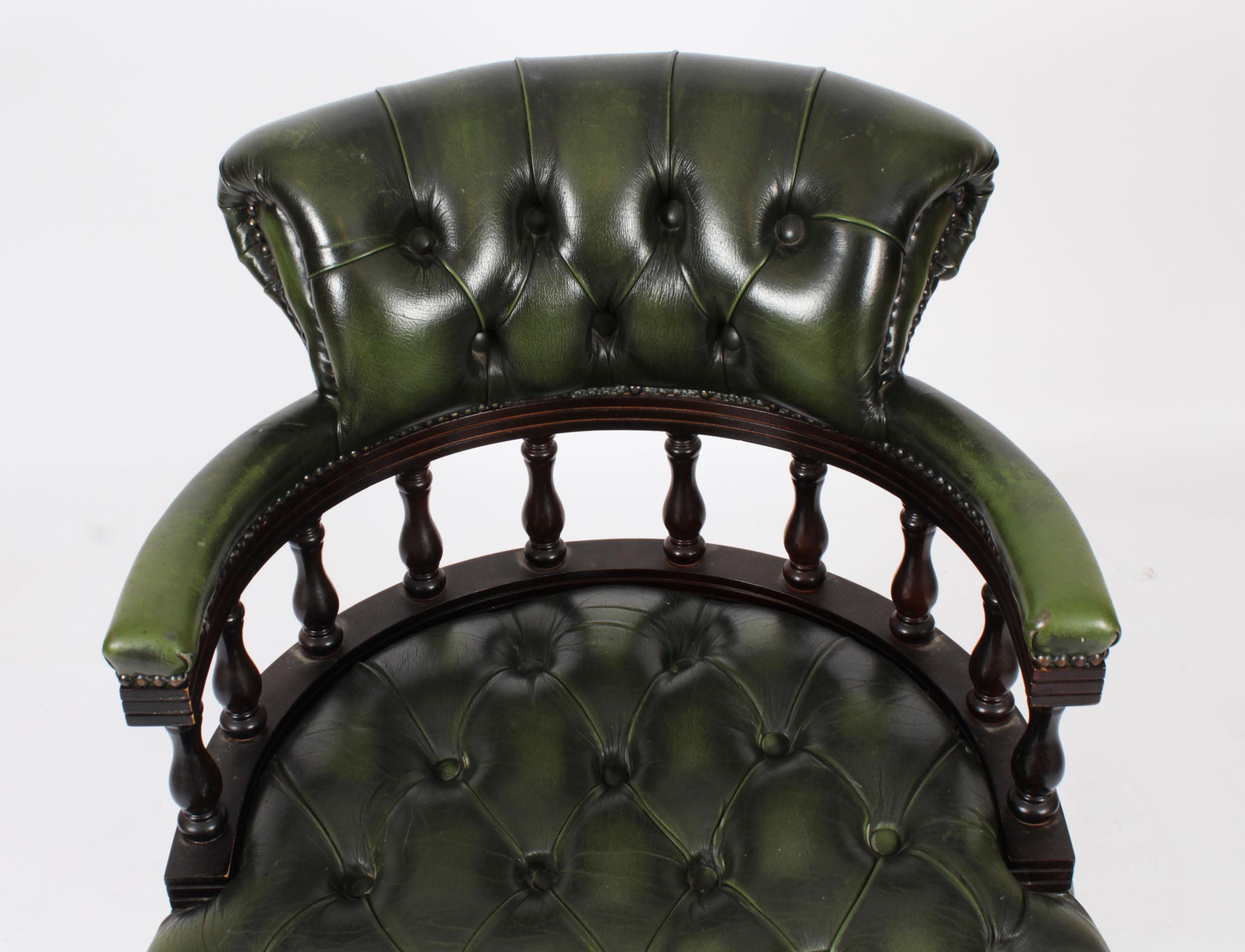 Vintage English Leather Captains Desk Swivel Chair Green 20th Century In Good Condition For Sale In London, GB