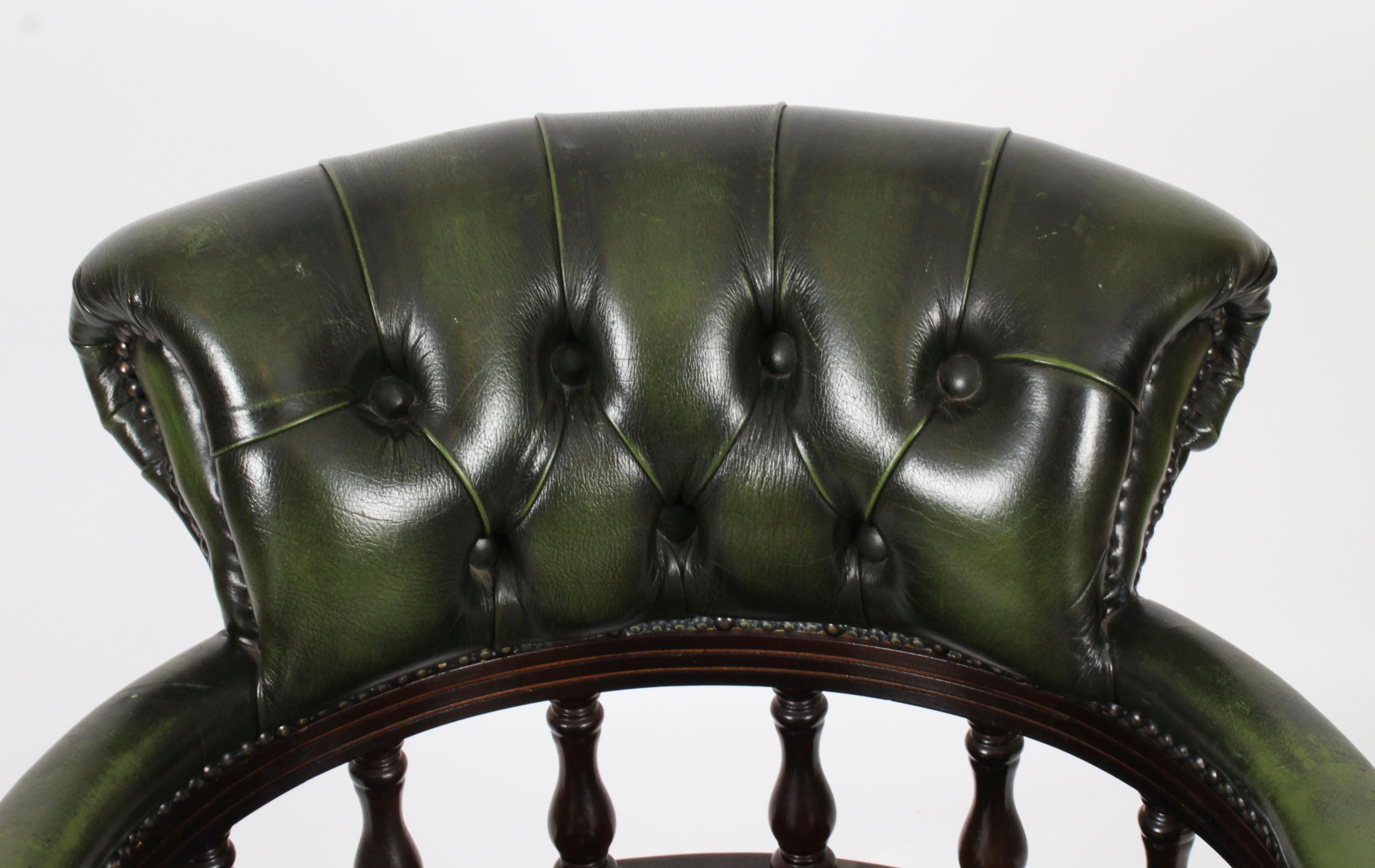 Late 20th Century Vintage English Leather Captains Desk Swivel Chair Green 20th Century For Sale