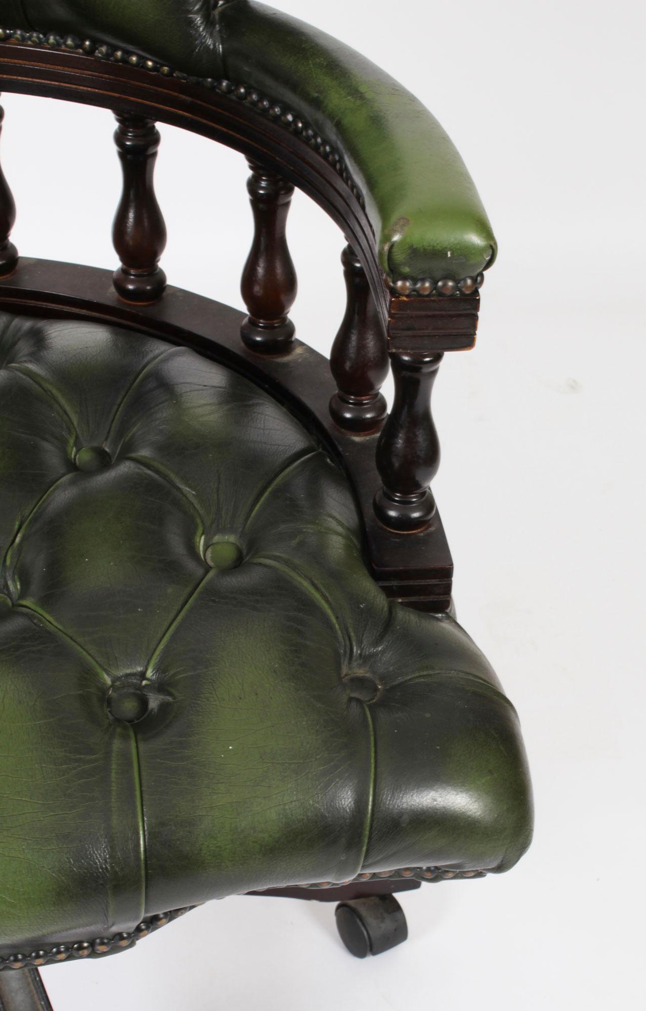 Vintage English Leather Captains Desk Swivel Chair Green 20th Century For Sale 1