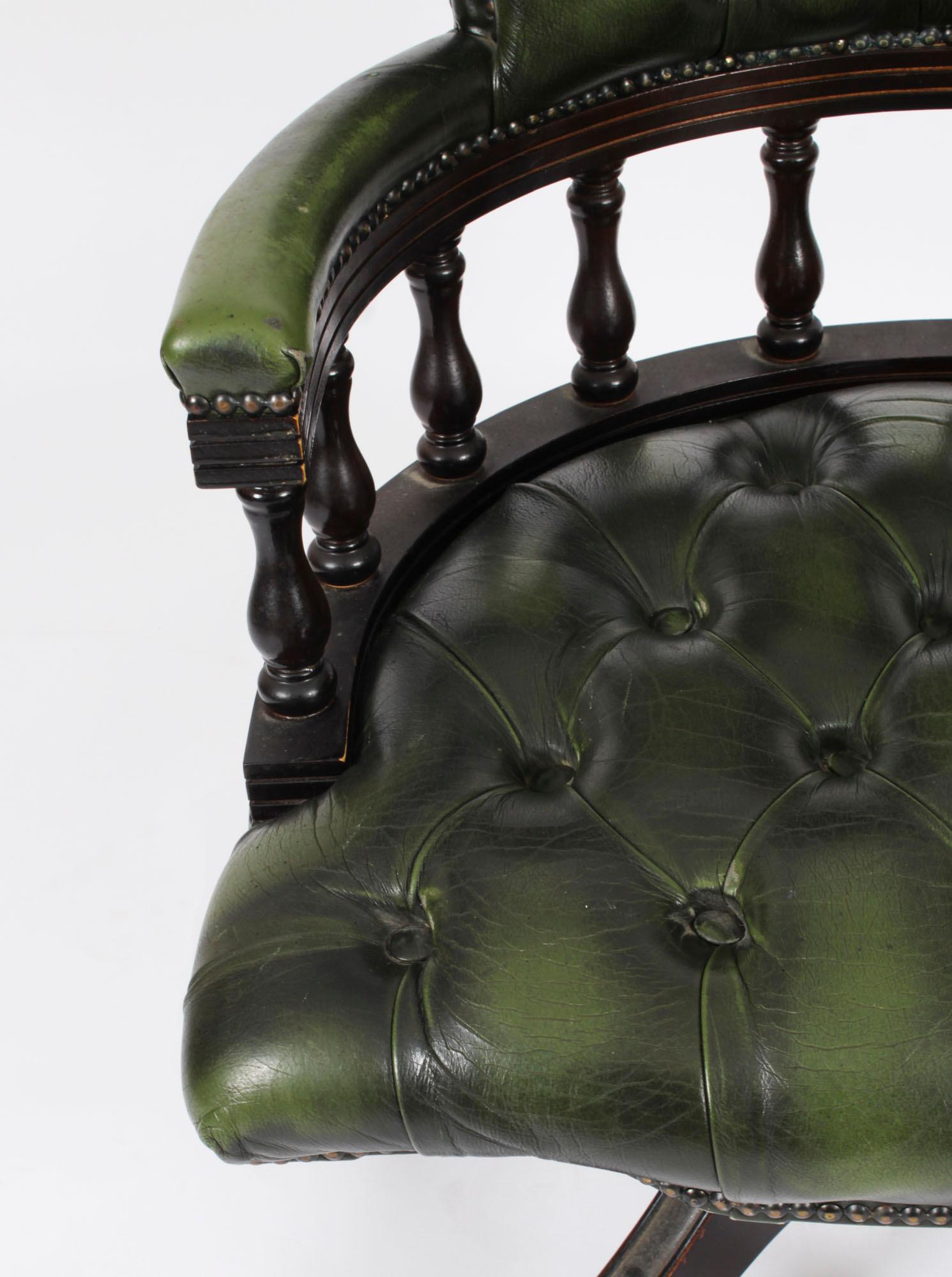 Vintage English Leather Captains Desk Swivel Chair Green 20th Century For Sale 2
