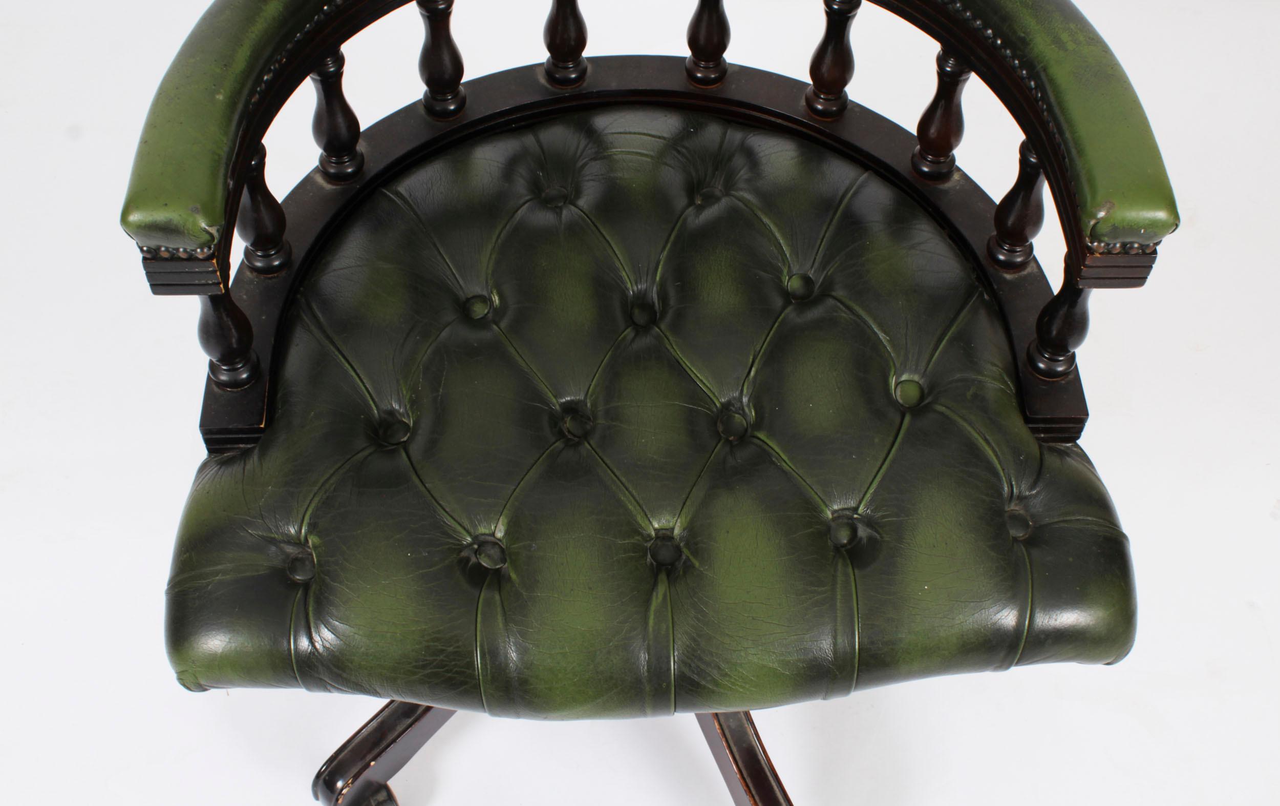 Vintage English Leather Captains Desk Swivel Chair Green 20th Century For Sale 3