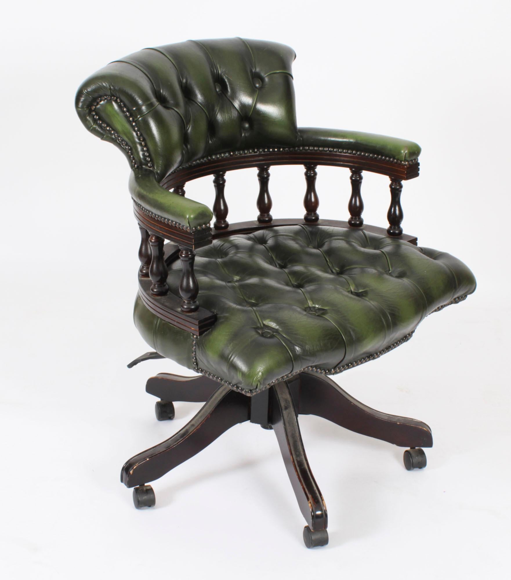Vintage English Leather Captains Desk Swivel Chair Green 20th Century For Sale 4