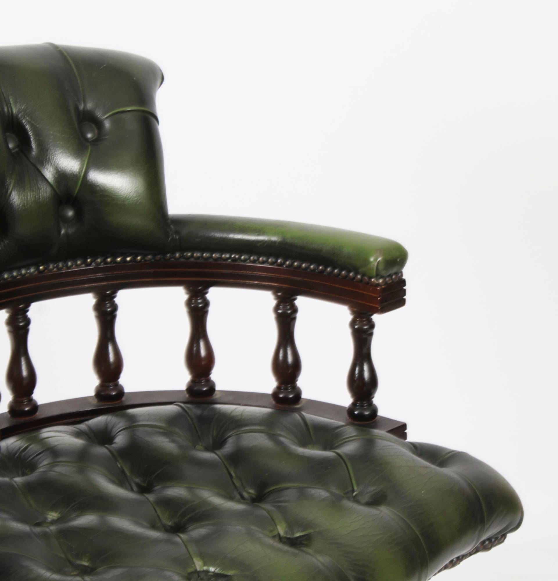 Vintage English Leather Captains Desk Swivel Chair Green 20th Century For Sale 5