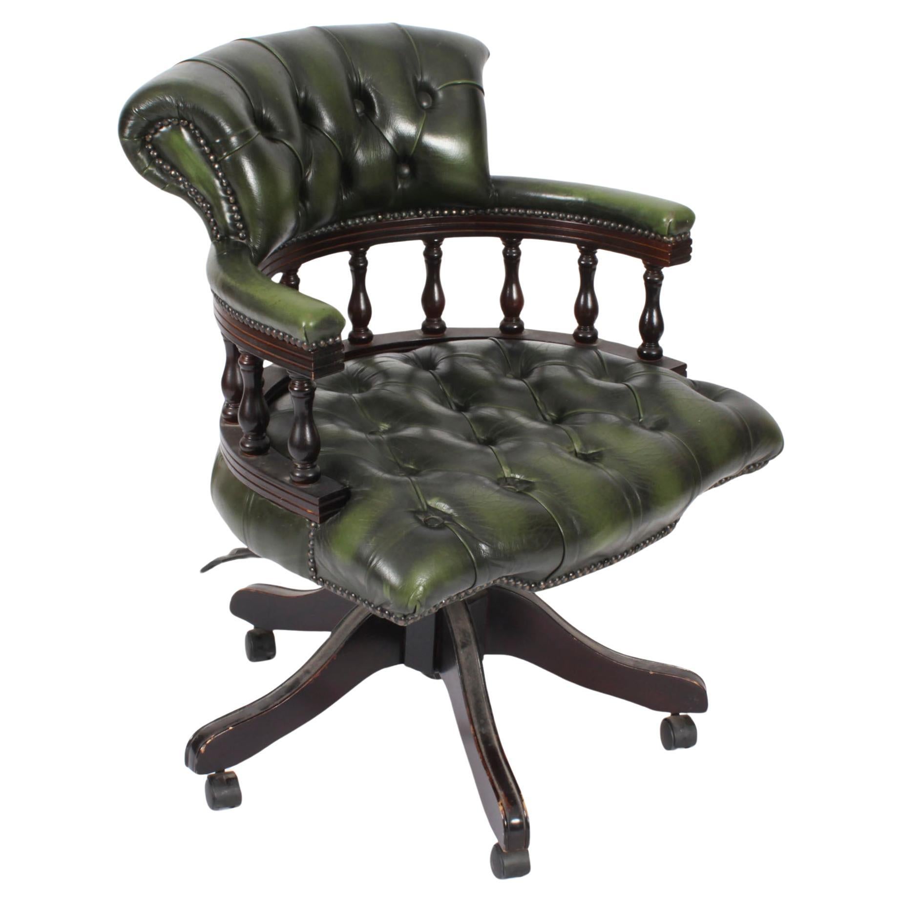 Vintage English Leather Captains Desk Swivel Chair Green 20th Century