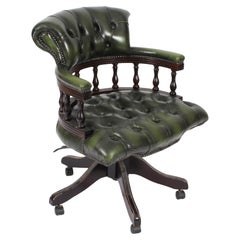 Vintage English Leather Captains Desk Swivel Chair Green 20th Century
