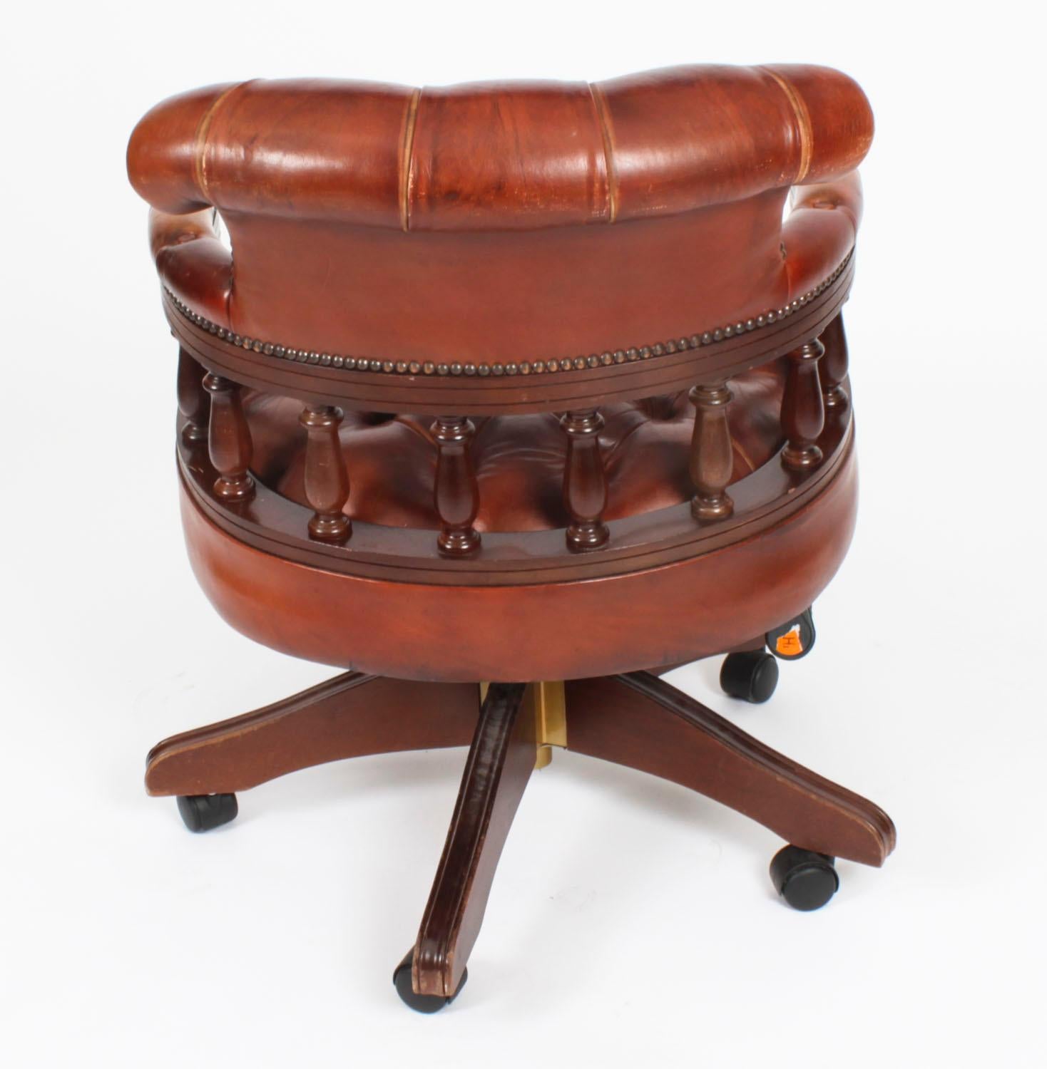 Vintage English Leather Captains Desk Swivel Chair Tan 20th Century 6