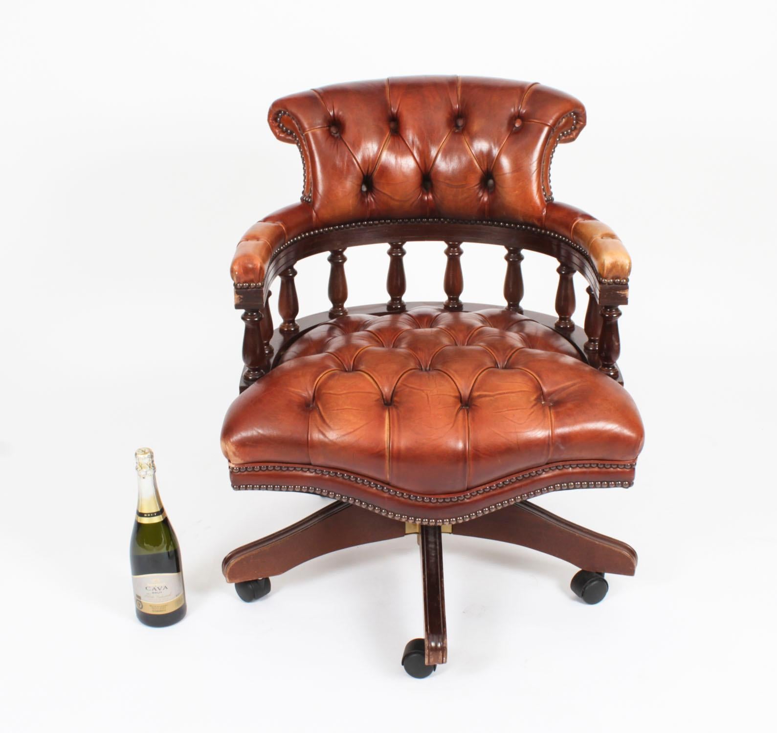 Vintage English Leather Captains Desk Swivel Chair Tan 20th Century 7
