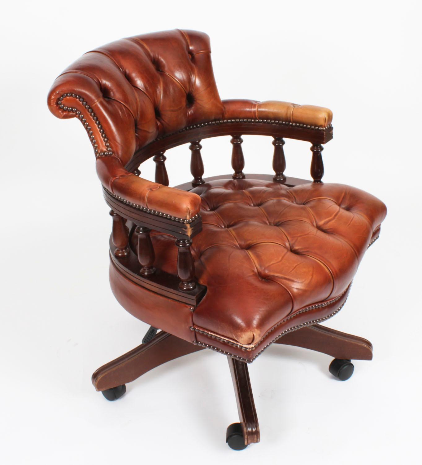 Vintage English Leather Captains Desk Swivel Chair Tan 20th Century 8
