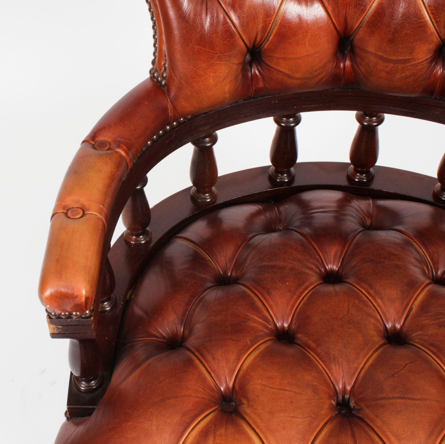 Vintage English Leather Captains Desk Swivel Chair Tan 20th Century 2