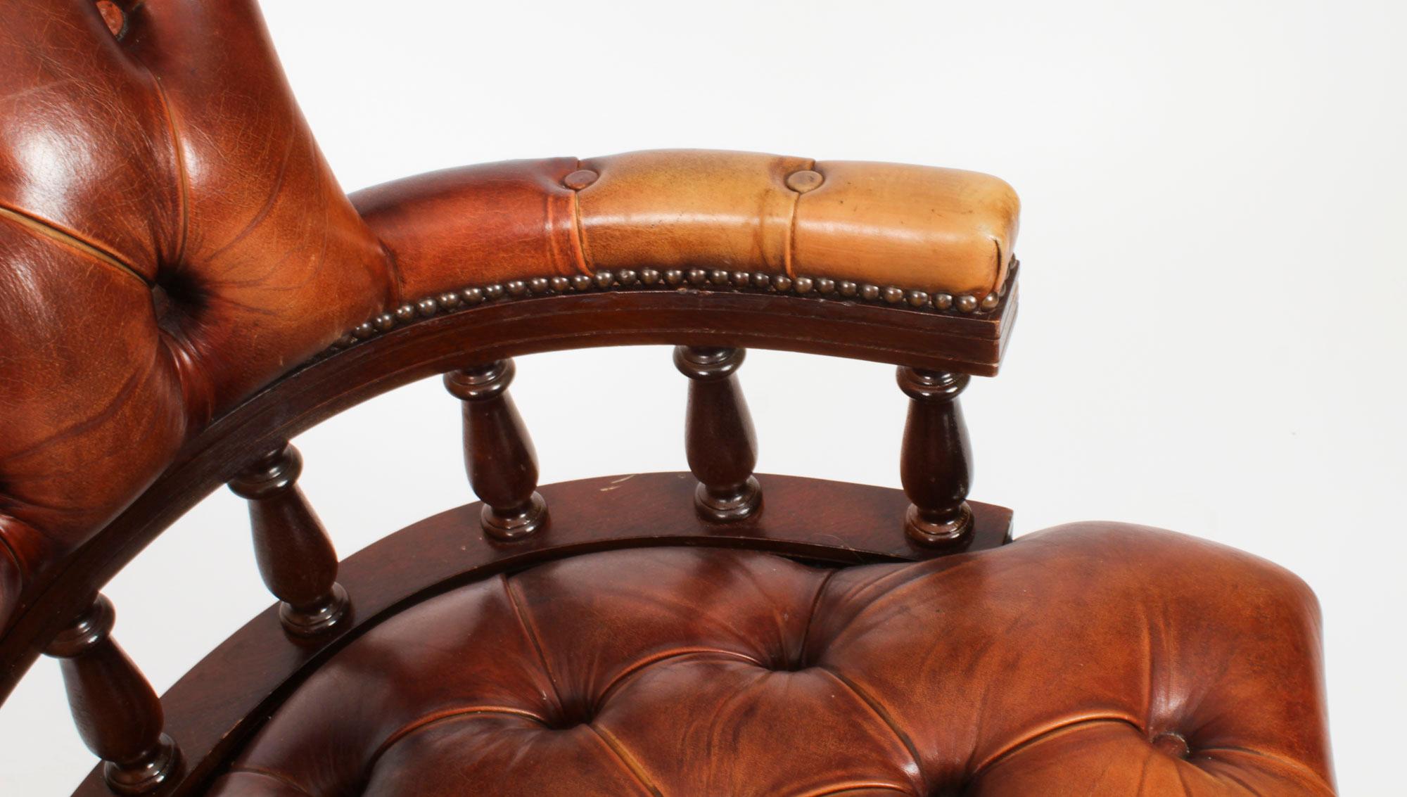 Vintage English Leather Captains Desk Swivel Chair Tan 20th Century 3