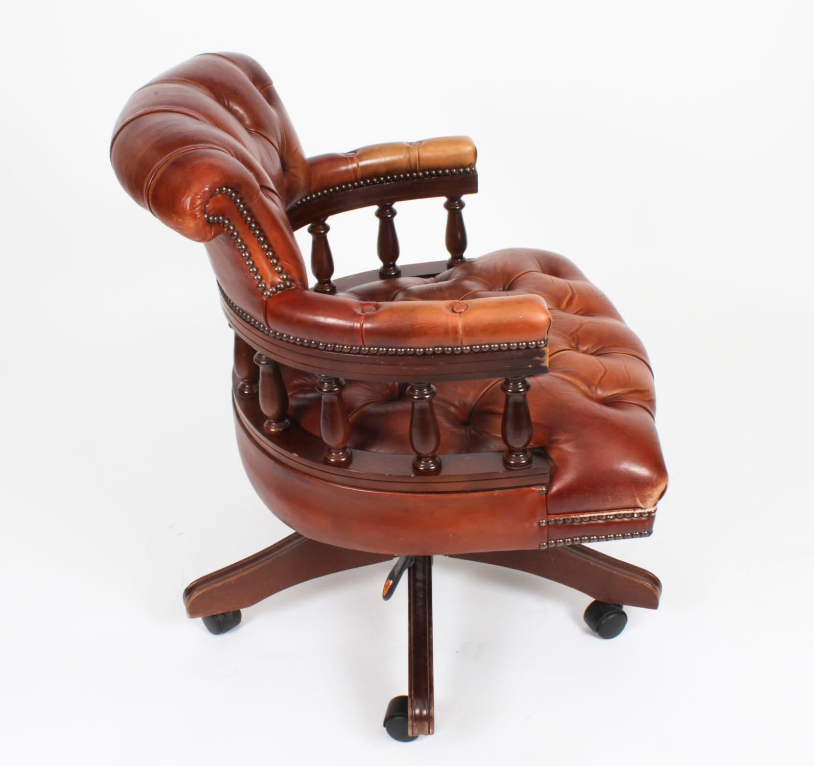 Vintage English Leather Captains Desk Swivel Chair Tan 20th Century 4