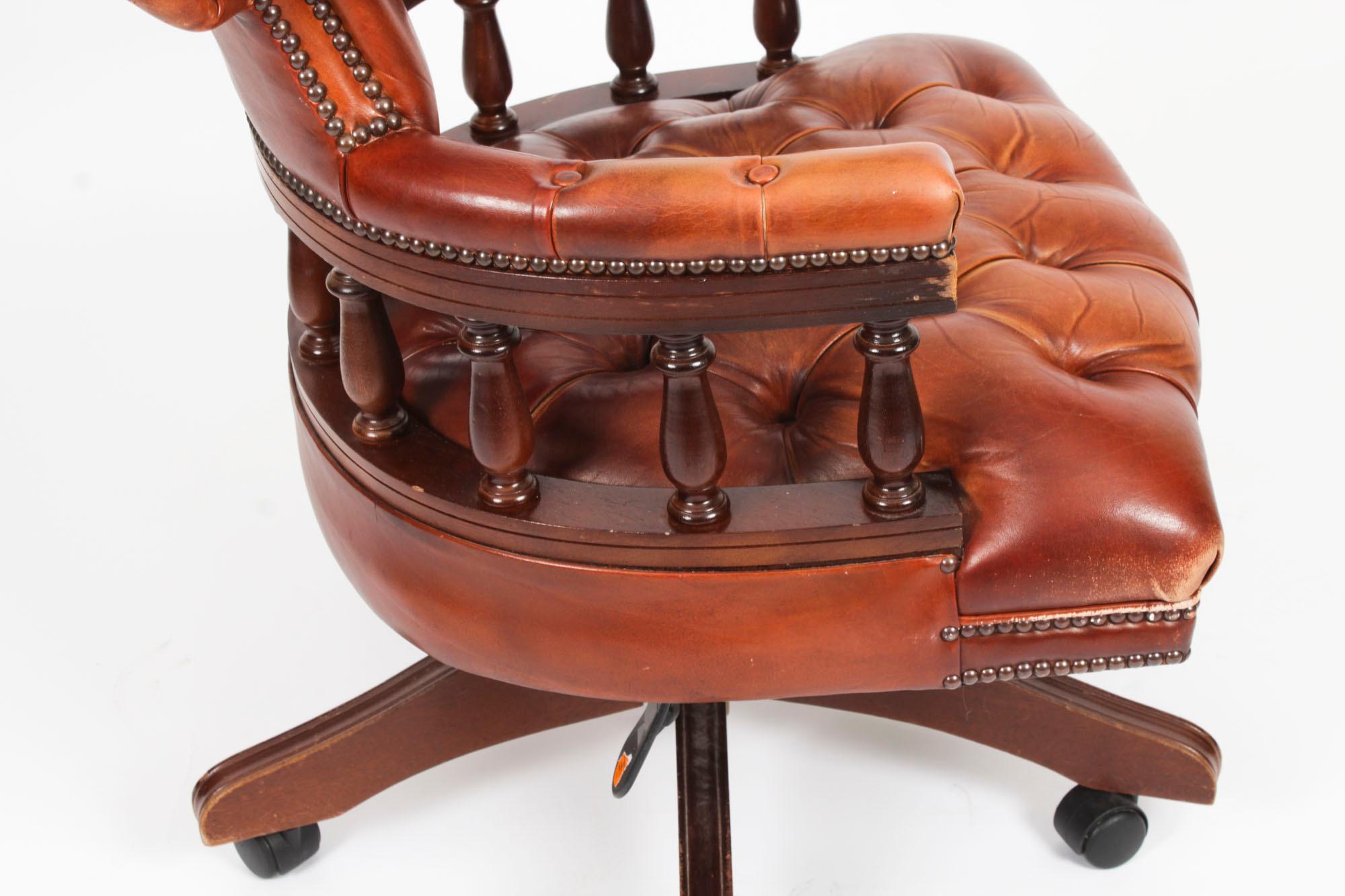 Vintage English Leather Captains Desk Swivel Chair Tan 20th Century 5