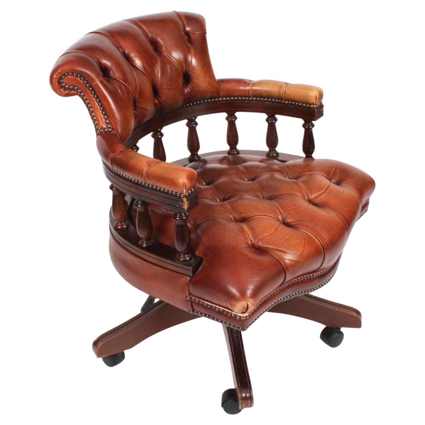 Vintage English Leather Captains Desk Swivel Chair Tan 20th Century