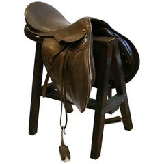 Vintage English Leather Riding Saddle and Sawhorse