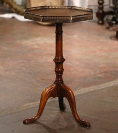 Vintage English Leather Top Walnut and Brass Octagonal Martini Side Table