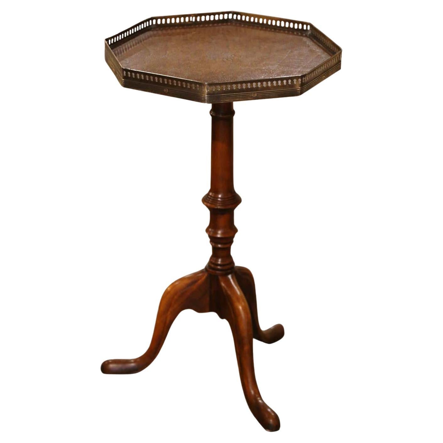Vintage English Leather Top Walnut and Brass Octagonal Martini Side Table  For Sale