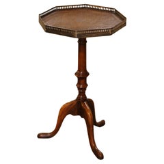 Vintage English Leather Top Walnut and Brass Octagonal Martini Side Table 