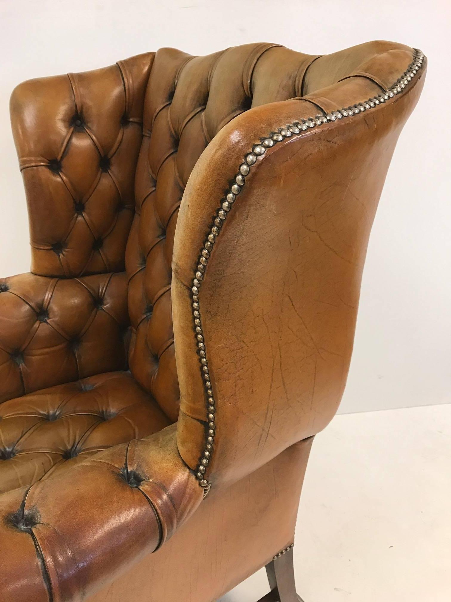Chippendale Vintage English Leather Tufted Wingback Library Chair For Sale