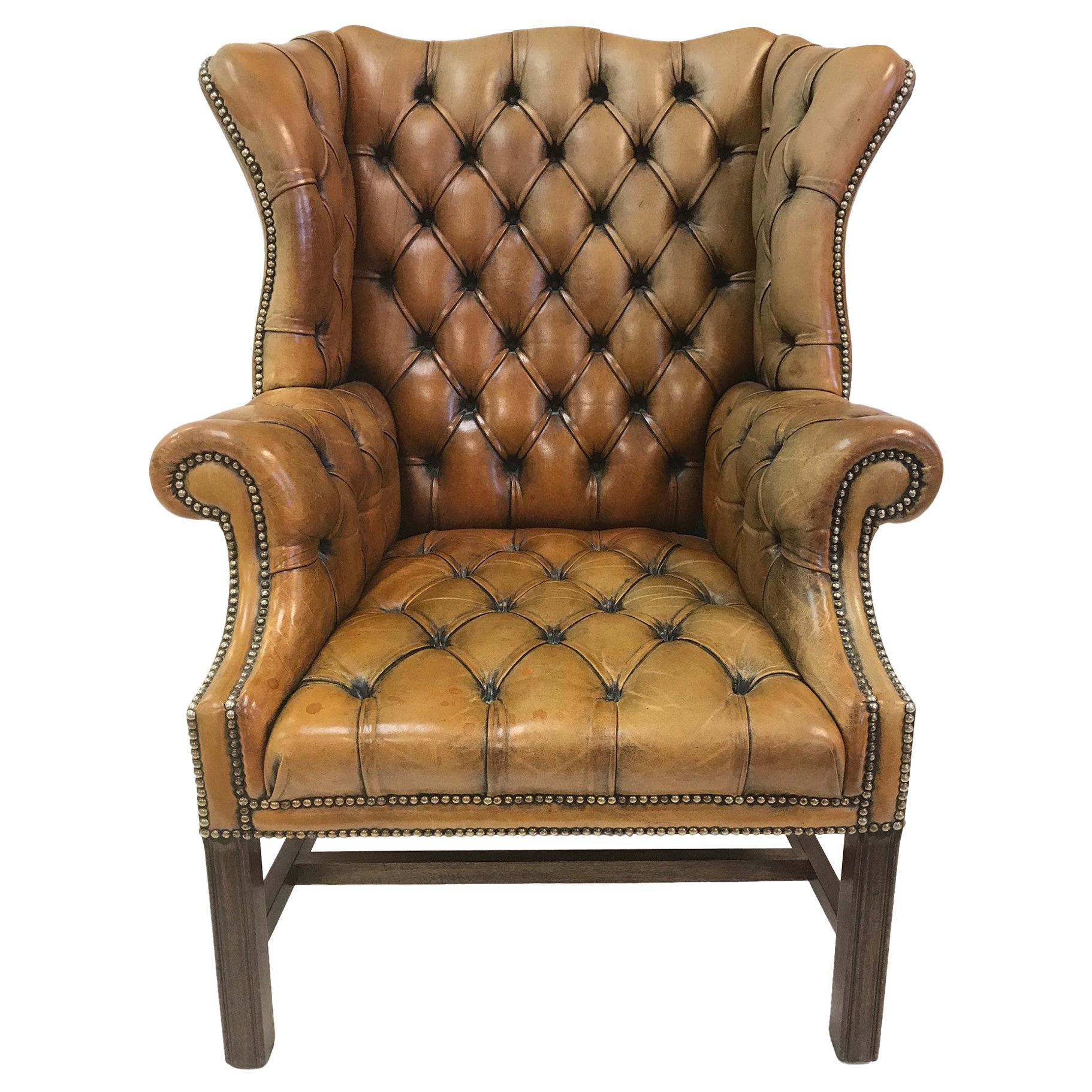 vintage english leather tufted wingback library chair