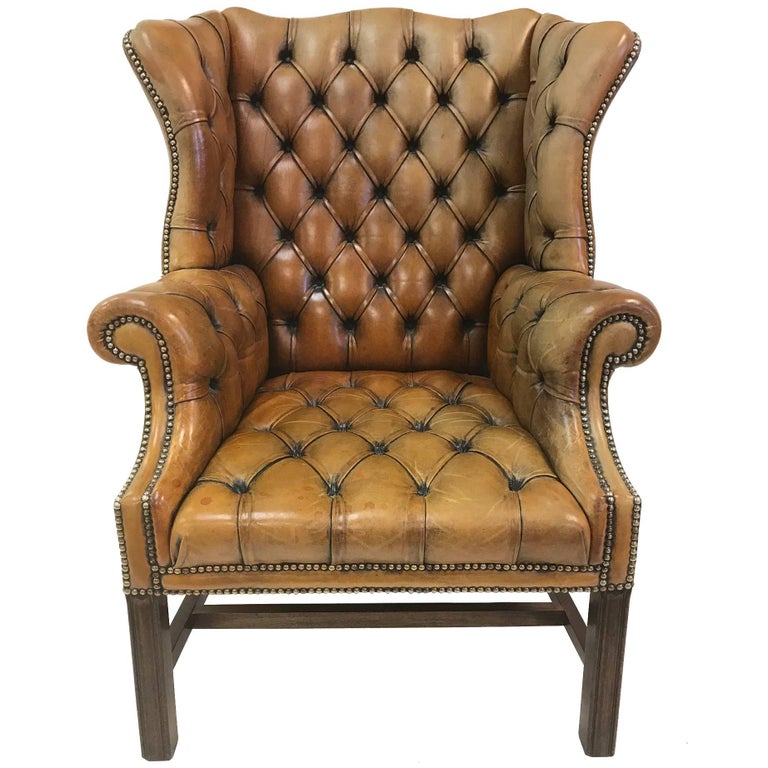 Vintage English Leather Tufted Wingback Library Chair For At Vintage English Leather Tufted Wingback Library Chair For