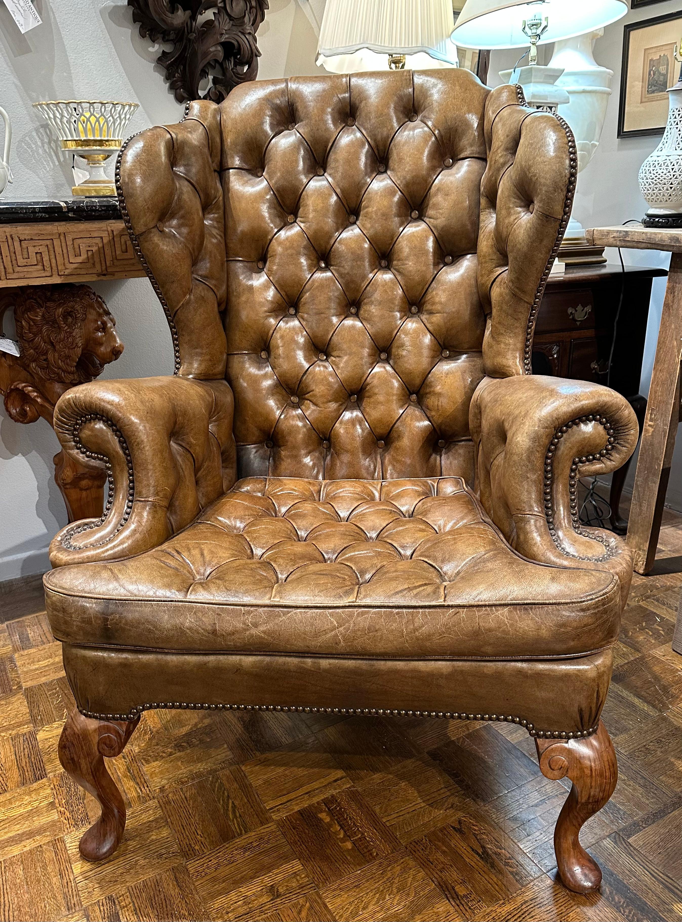 Vintage English Leather Wingback Chair  For Sale 4