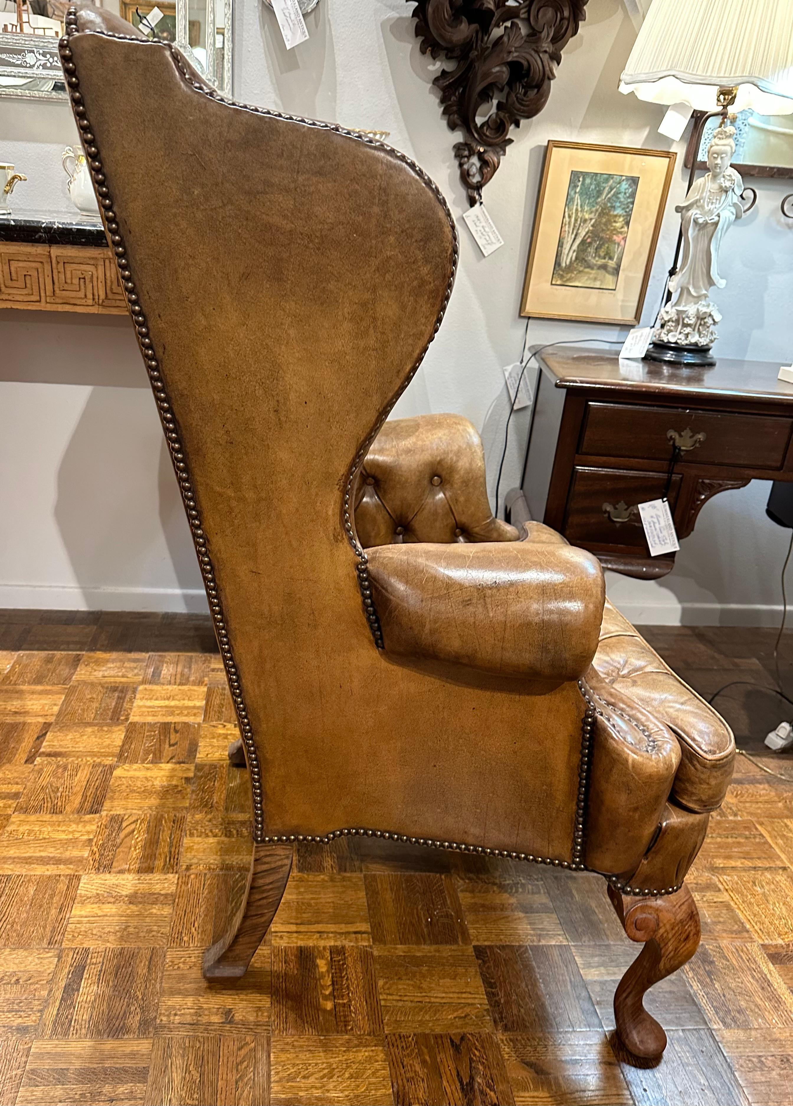 Vintage English Leather Wingback Chair  In Good Condition For Sale In Summerland, CA