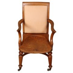 Vintage English Library Chair with Upholstered Leather Back and Casters