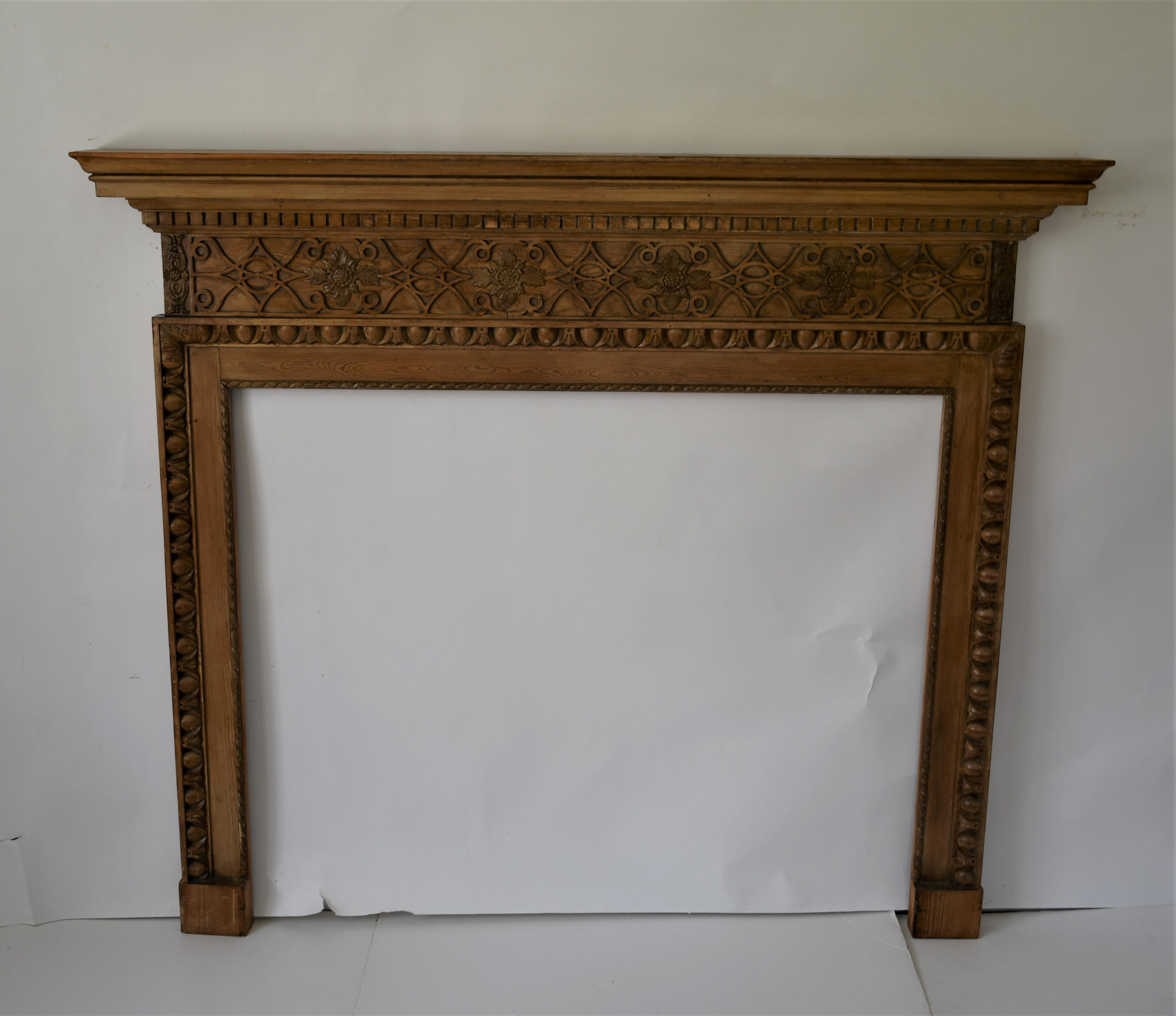 Hand-Carved Vintage English Made Hand Carved Pine Fire Surround Mantel For Sale