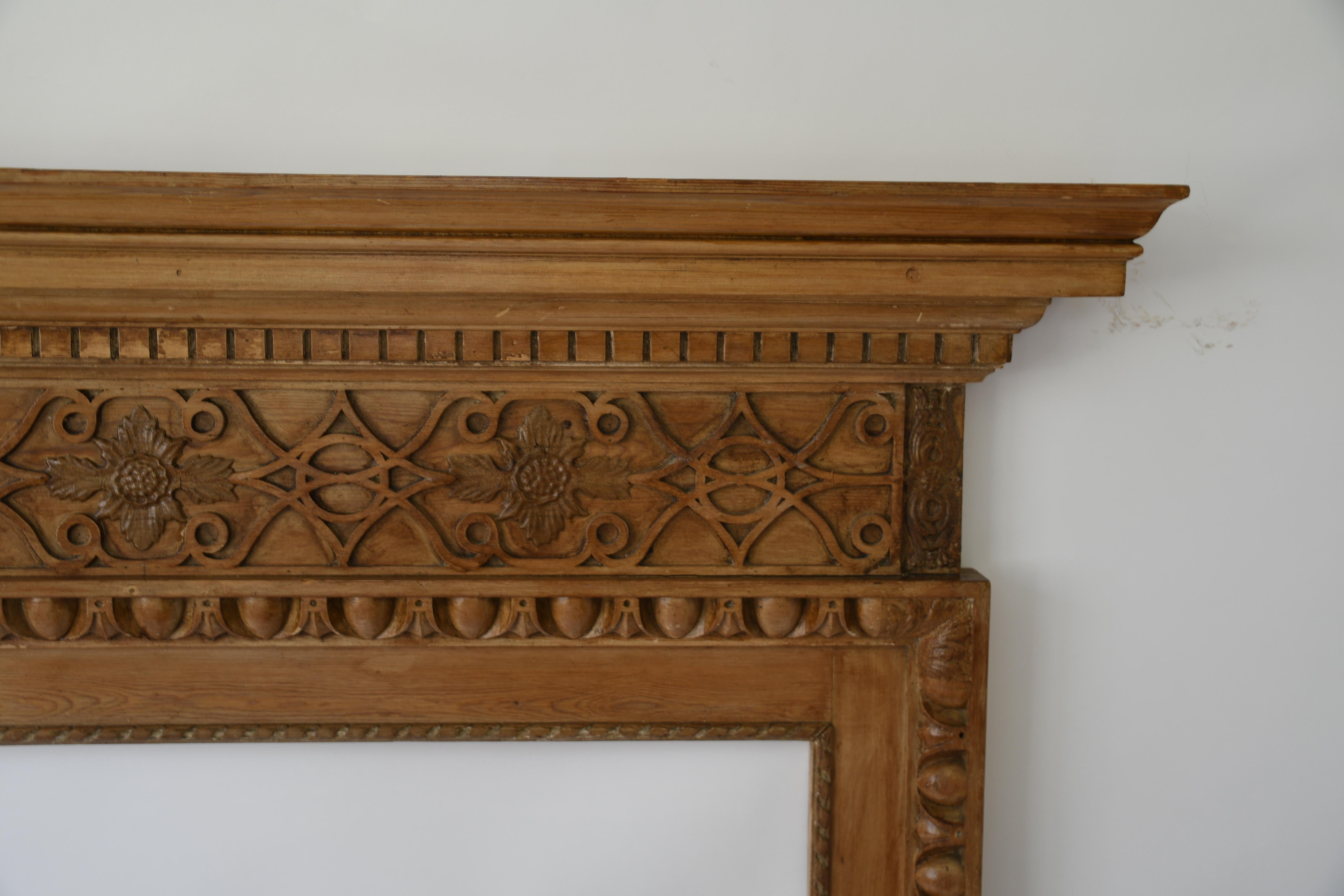 Vintage English Made Hand Carved Pine Fire Surround Mantel In Good Condition For Sale In North Salem, NY