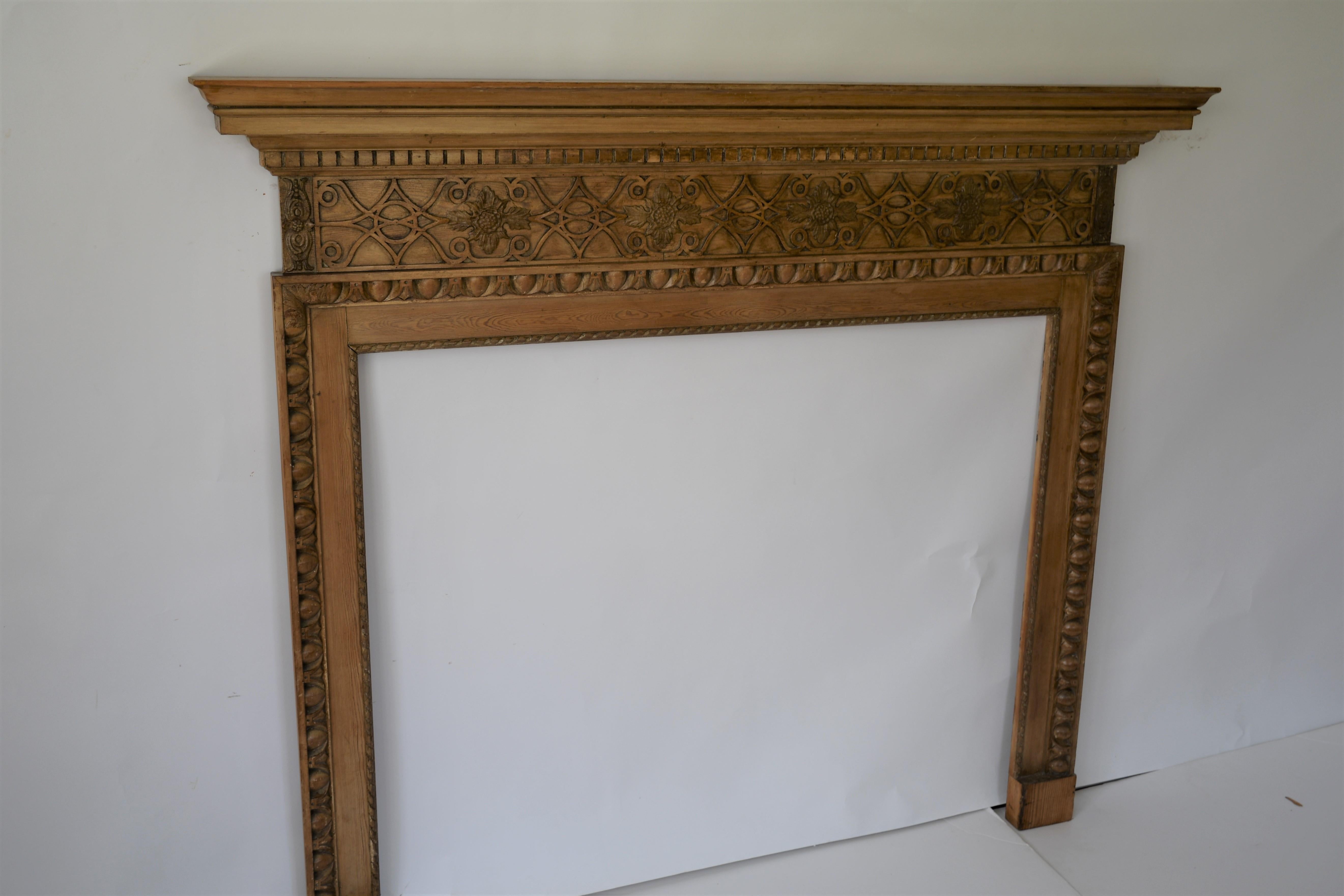 Vintage English Made Hand Carved Pine Fire Surround Mantel For Sale 1
