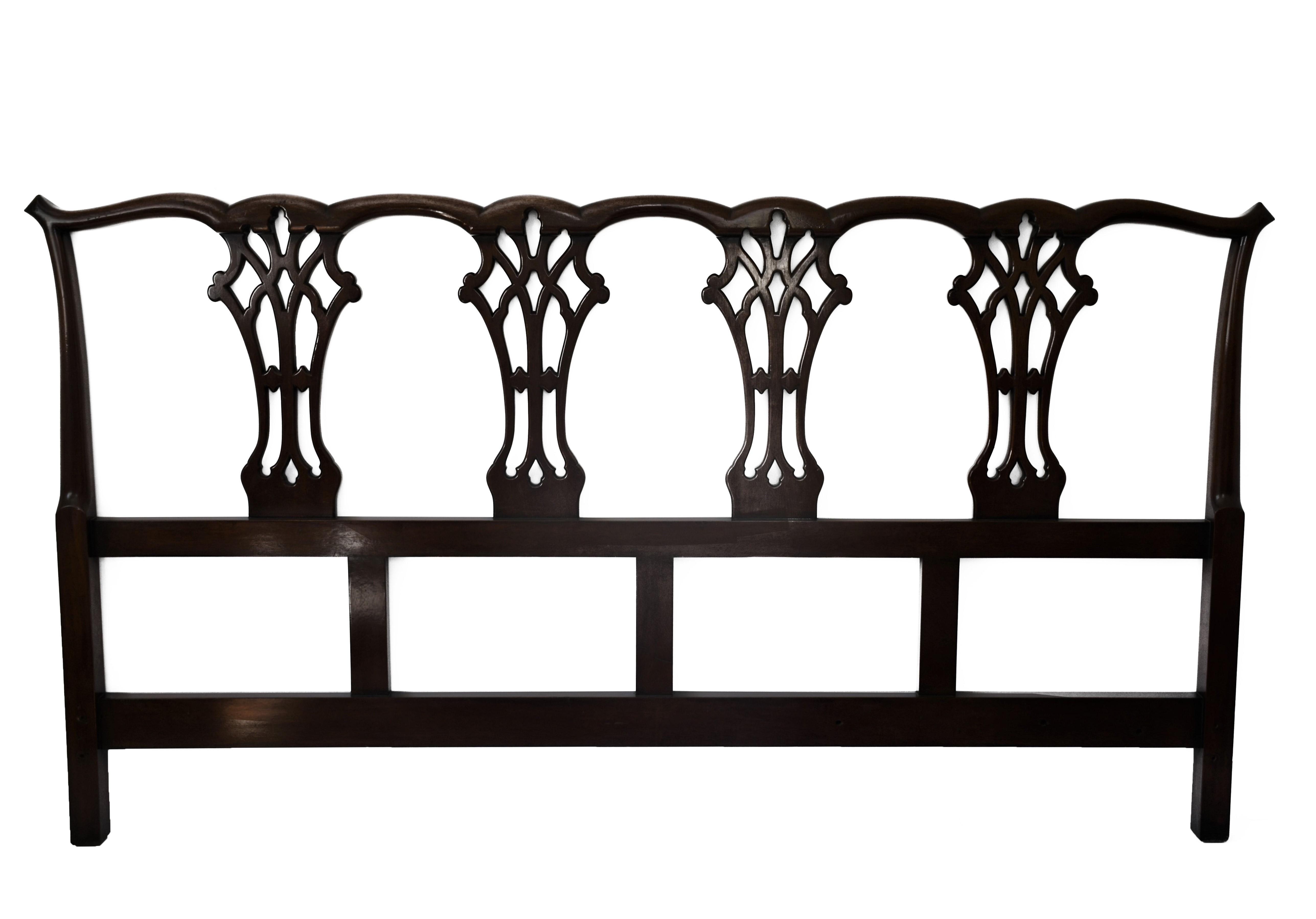 English-made vintage Chippendale style Mahogany four chairback king size headboard. Each pierced back-splat hand carved.