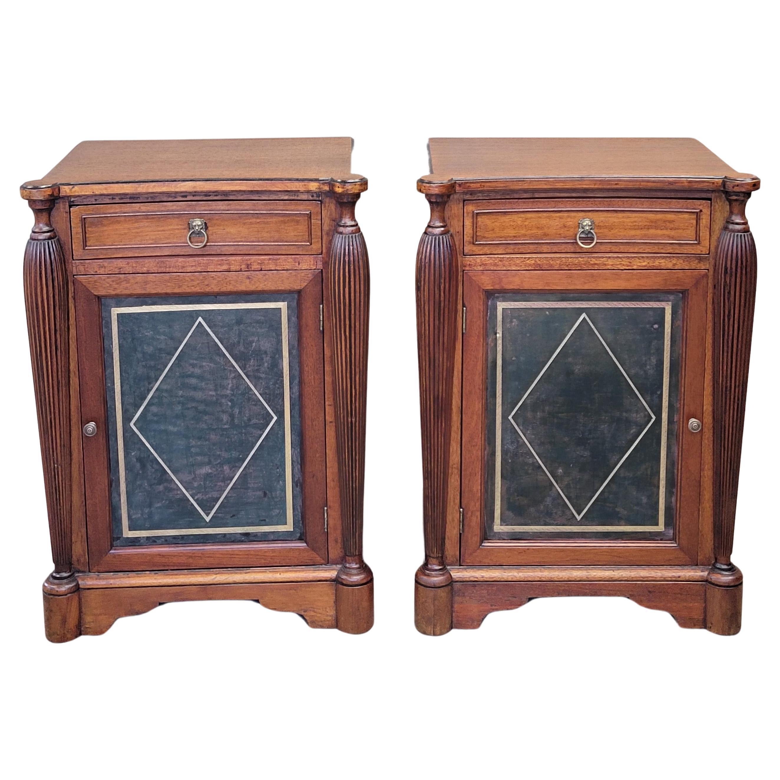 Vintage English Mahogany and Green Leather Nightstands - a Pair