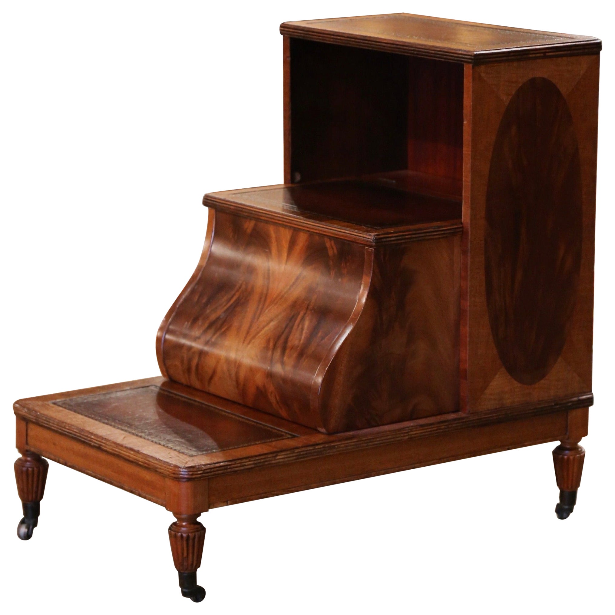Vintage English Mahogany and Leather Library Step Ladder on Casters