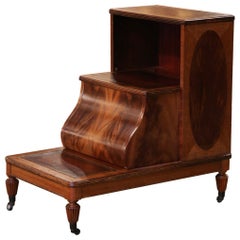 Vintage English Mahogany and Leather Library Step Ladder on Casters