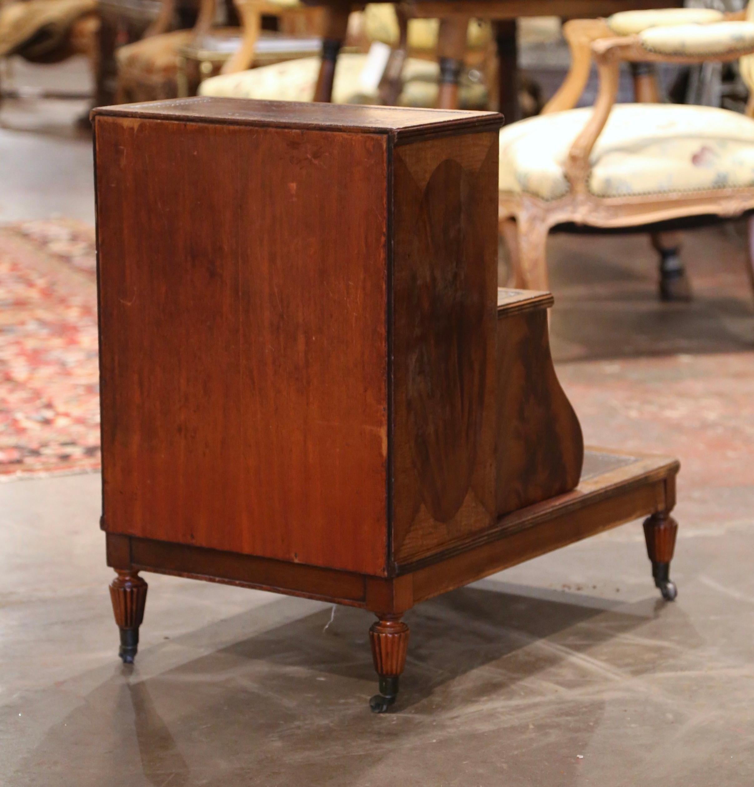 Vintage English Mahogany and Leather Library Step Ladder on Casters For Sale 3