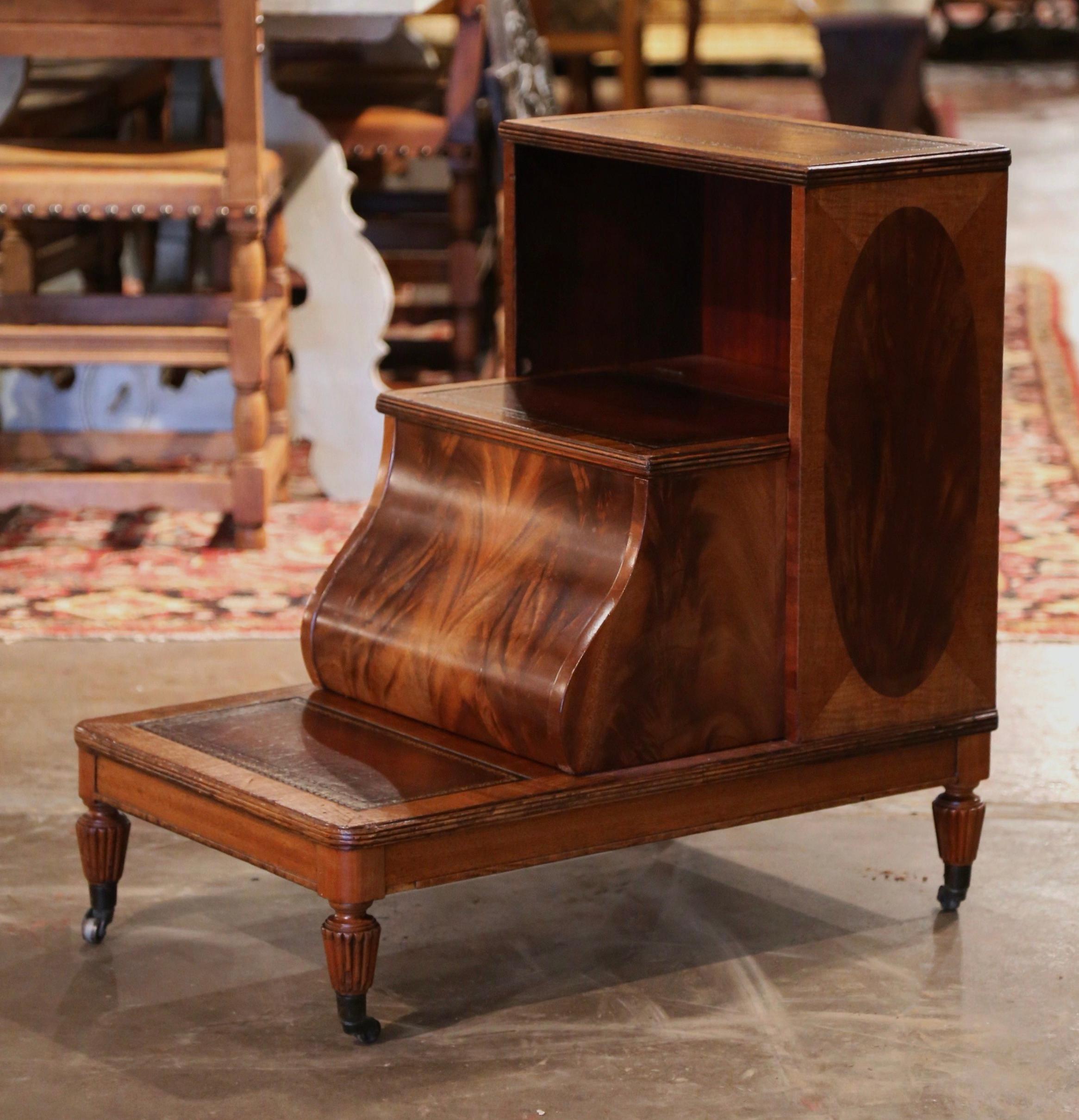 Hand-Carved Vintage English Mahogany and Leather Library Step Ladder on Casters For Sale