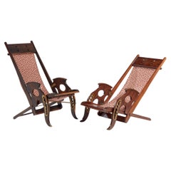 Chaise longue pliante vintage anglaise en acajou avec détails en laiton