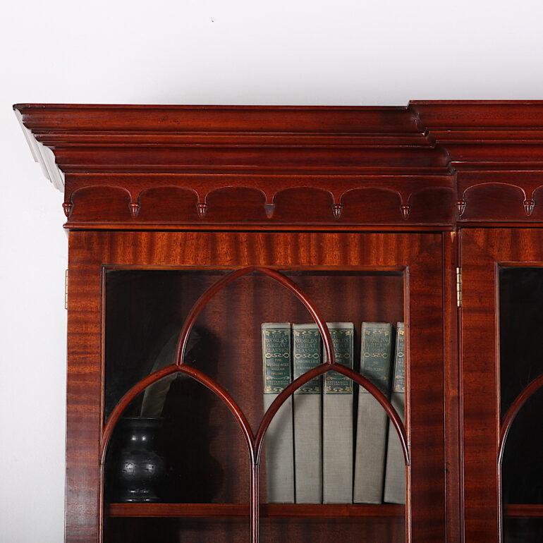 Carved Vintage English Mahogany Georgian-Revival Breakfront Bookcase