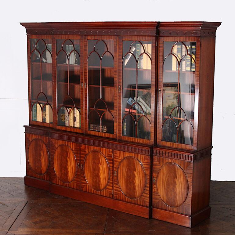 Glass Vintage English Mahogany Georgian-Revival Breakfront Bookcase