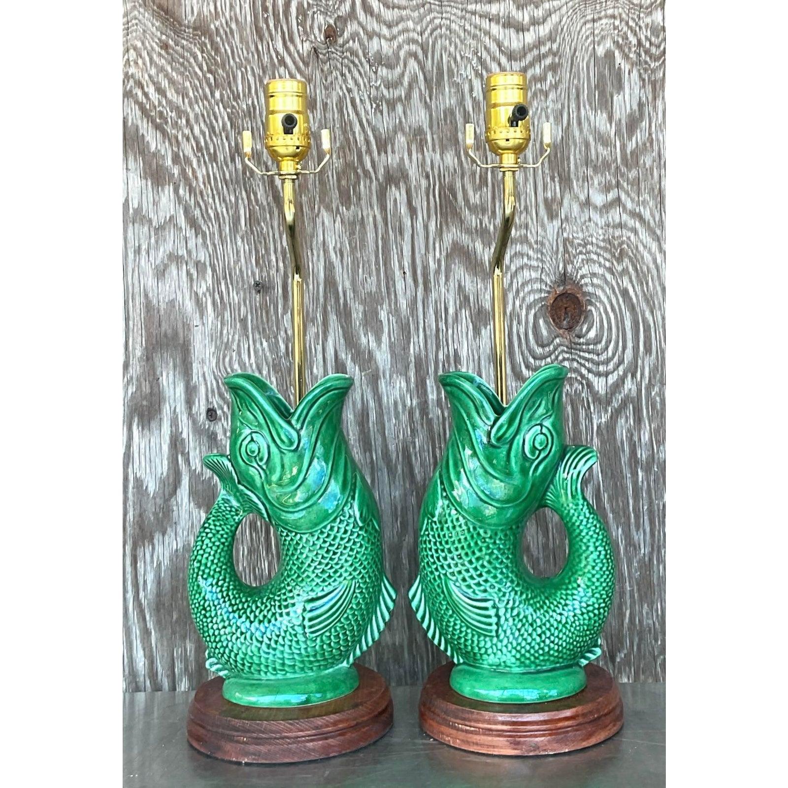 British Vintage English Majolica Koi Lamps - A Pair
