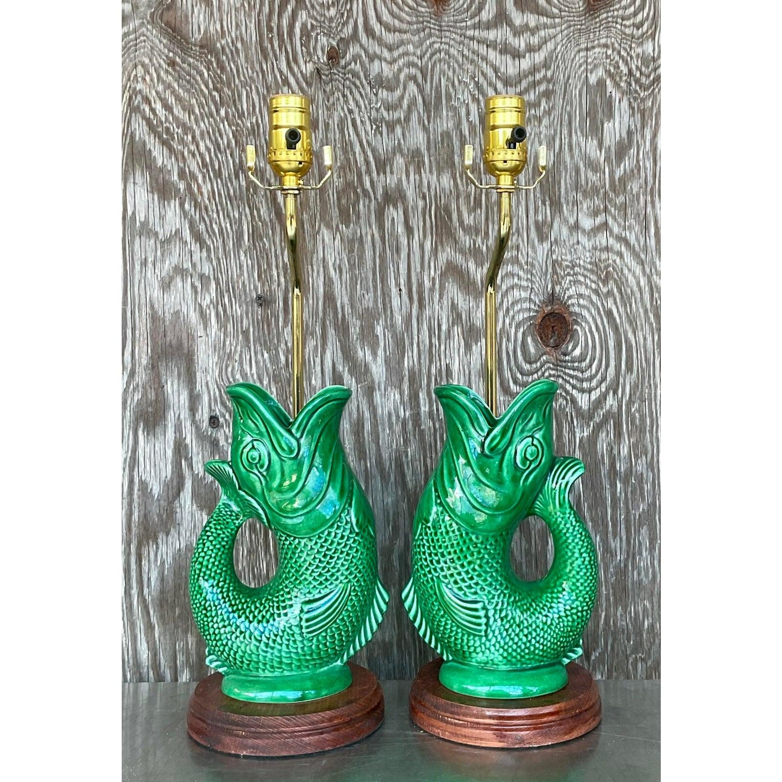 Vintage English Majolica Koi Lamps - A Pair In Good Condition In west palm beach, FL