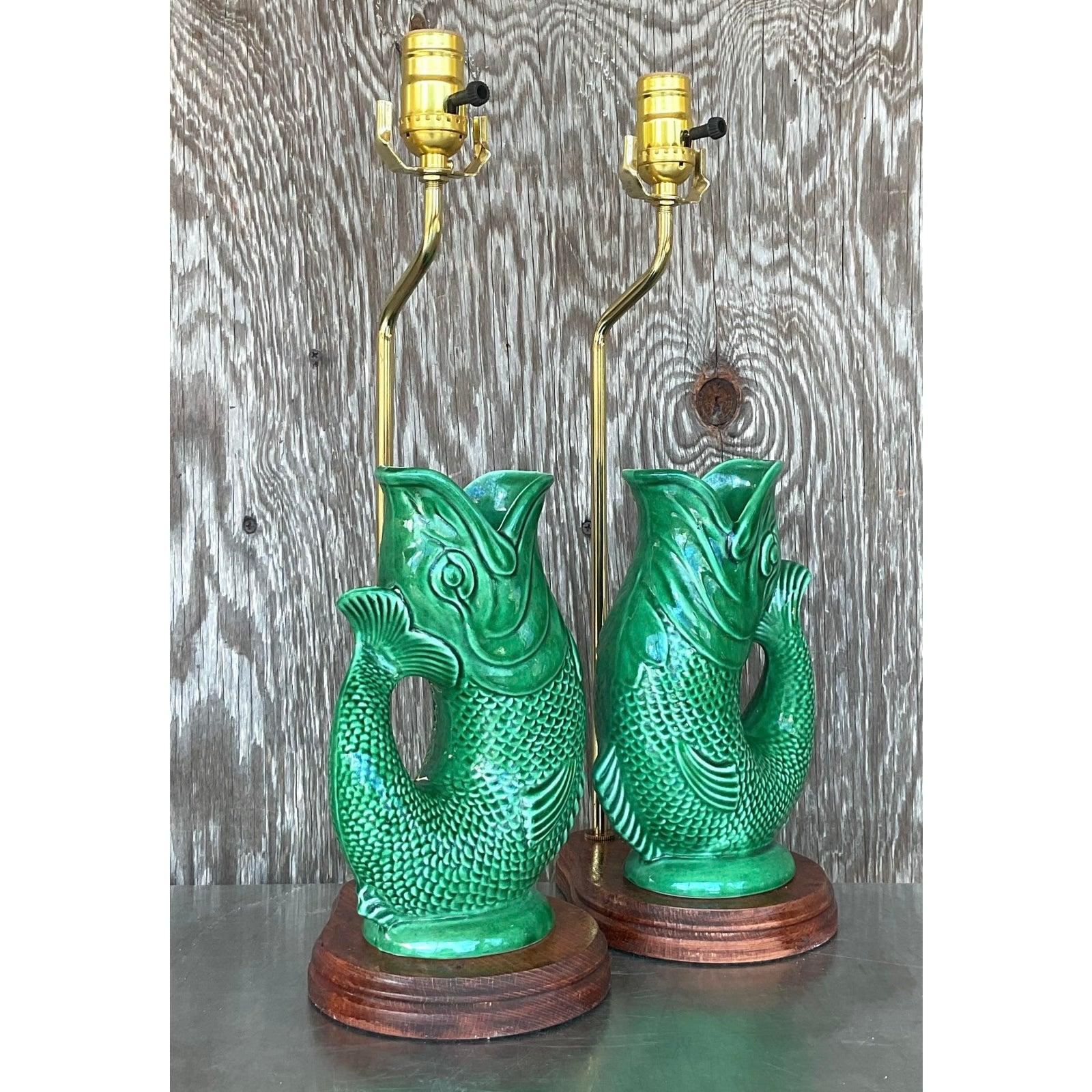 20th Century Vintage English Majolica Koi Lamps - A Pair