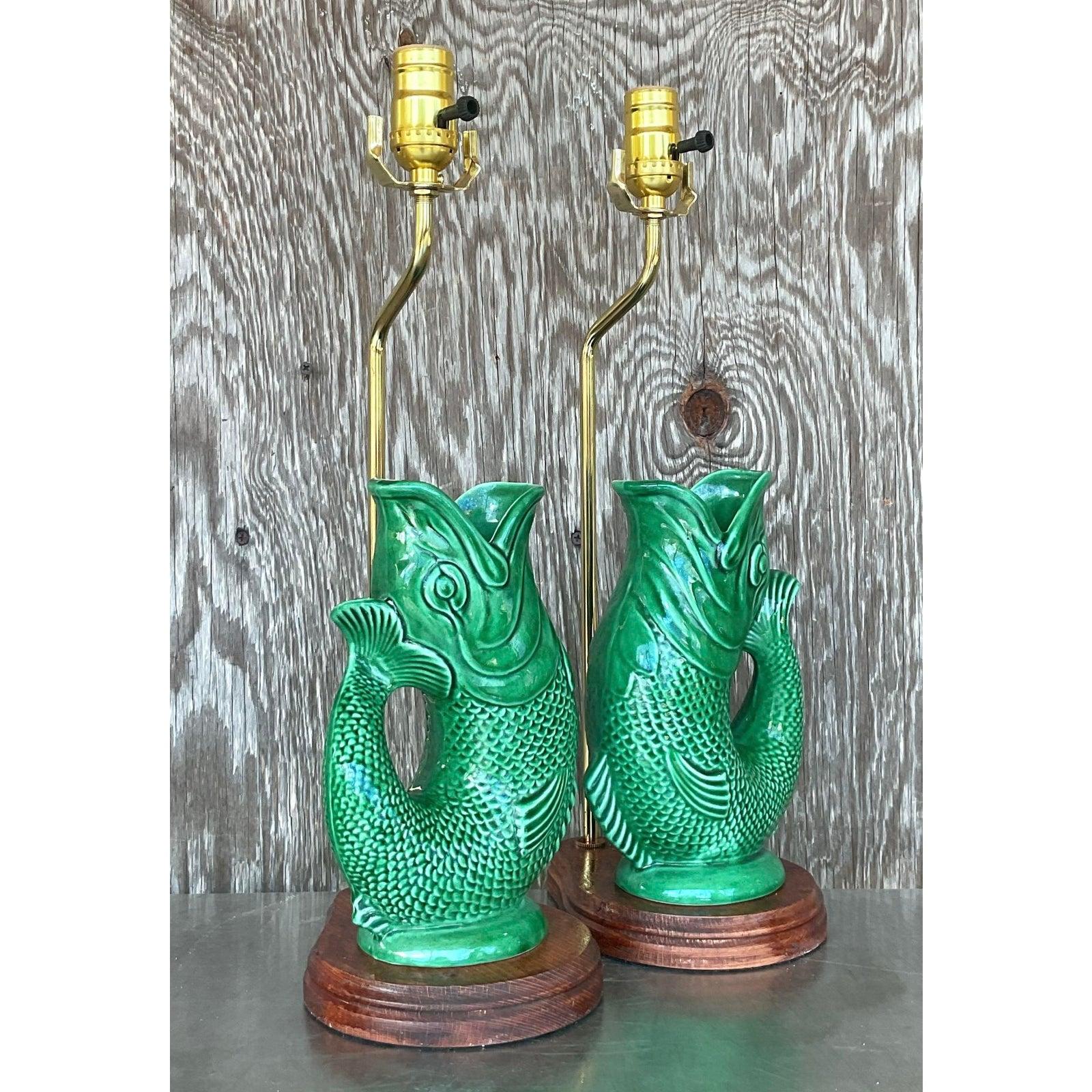 Ceramic Vintage English Majolica Koi Lamps - A Pair