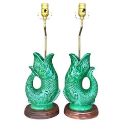 Vintage English Majolica Koi Lamps - A Pair