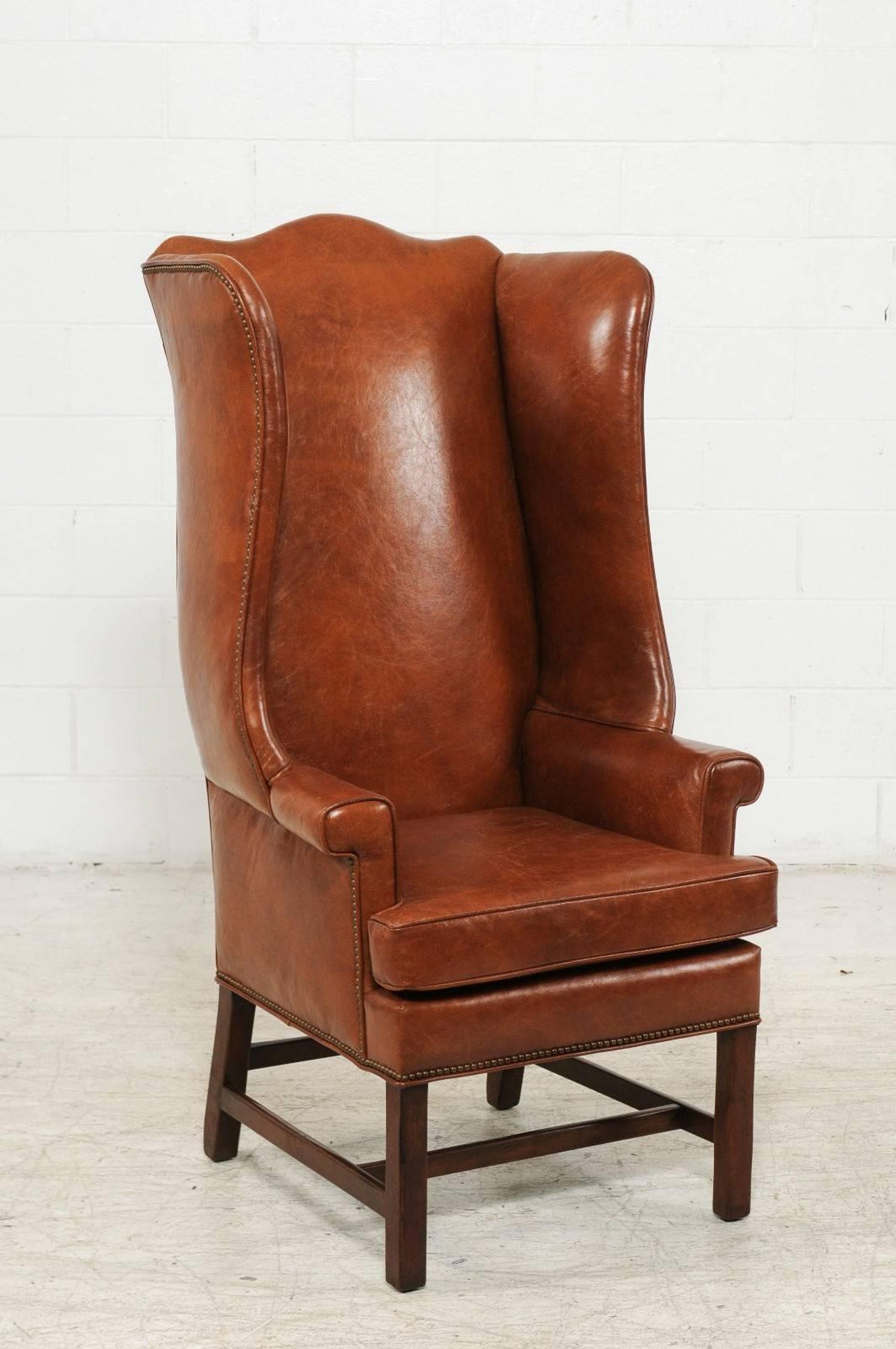 Vintage English Midcentury Brown Leather Wingback Chair With Brass Nailhead Trim For Sale At 1stdibs