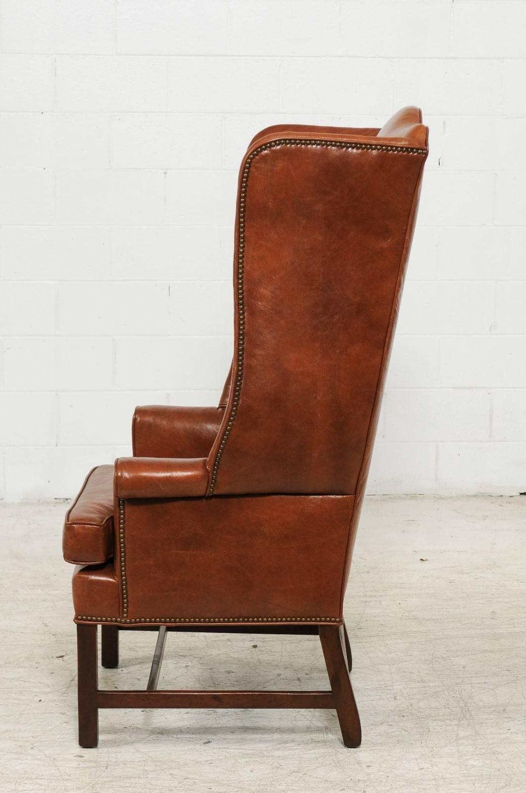 Mid-Century Modern Vintage English Midcentury Brown Leather Wingback Chair with Brass Nailhead Trim
